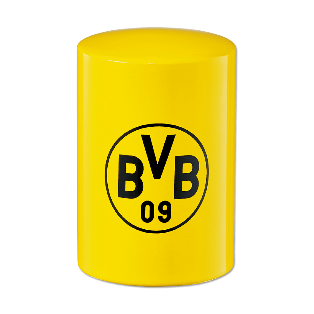 Apribottiglie giallo a forma di cilindro con il logo nero del BVB, ideale come gadget per i tifosi e come accessorio.