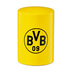 Apribottiglie giallo a forma di cilindro con il logo nero del BVB, ideale come gadget per i tifosi e come accessorio.