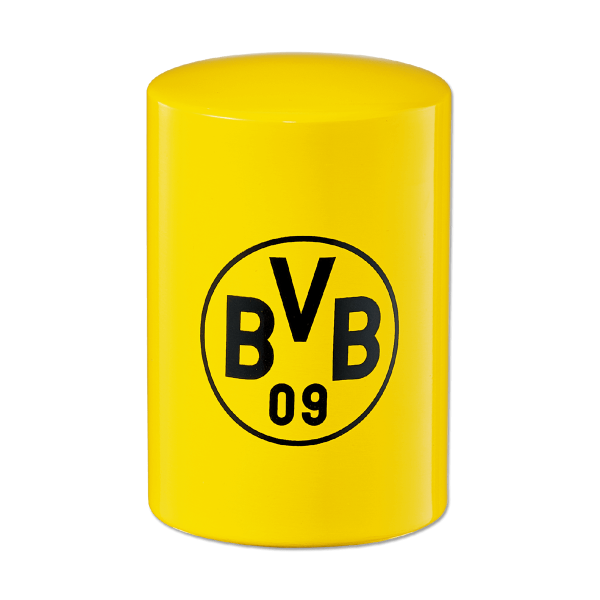 Décapsuleur jaune de forme cylindrique orné du logo noir du BVB, idéal comme objet de fan et accessoire.