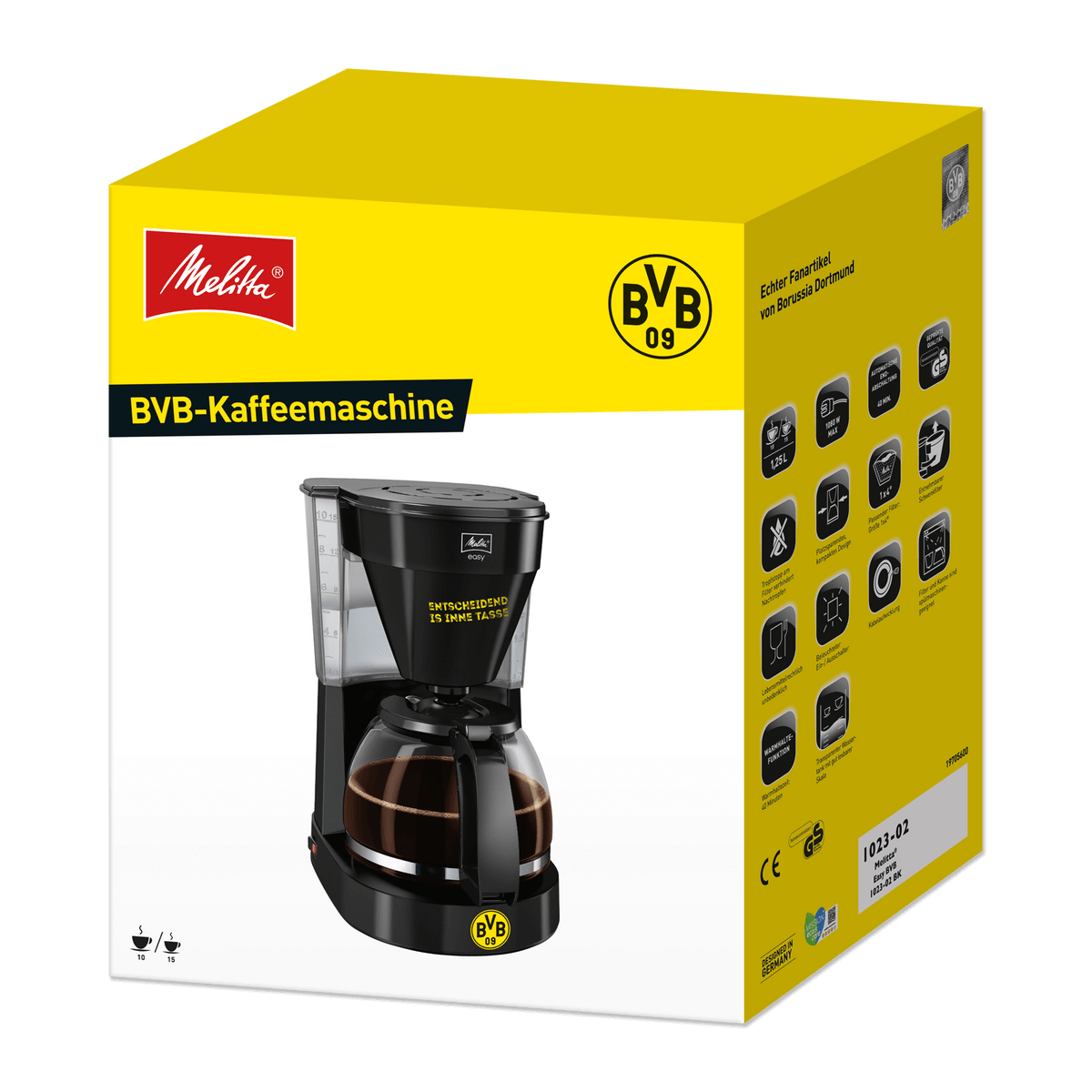 Schwarzgelbe BVB-Kaffeemaschine von Melitta für 10 bis 15 Tassen, ideal für Borussia Dortmund Fans.