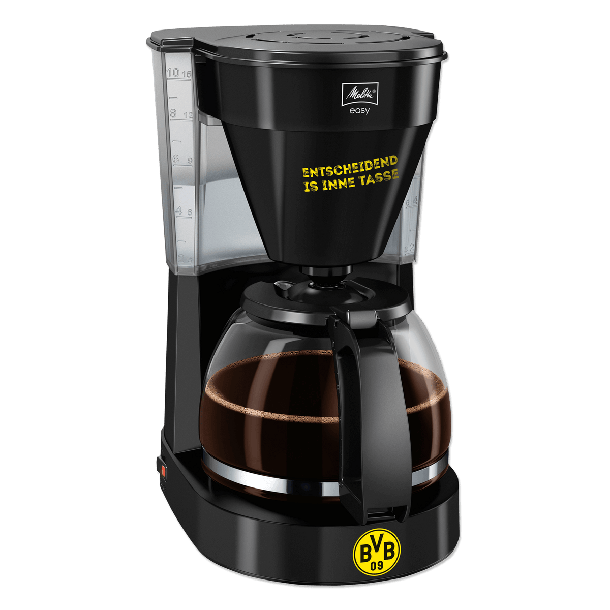 Schwarze BVB-Kaffeemaschine von Melitta mit gelbem Vereinslogo und der Aufschrift 'Entscheidend is inne Tasse', ideal für Fans von Borussia Dortmund.