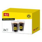 Set of 2 double-walled BVB coffee mugs, each with a 200 ml capacity, featuring a black-and-yellow design and the BVB 09 logo—perfect for fans and as a gift.