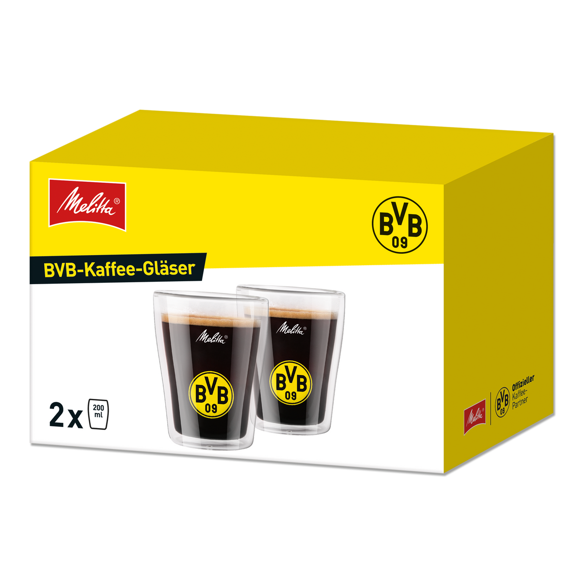 Doppelwandige BVB-Kaffee-Gläser im 2er-Set mit 200 ml Volumen, schwarzgelbem Design und BVB 09-Logo, ideal für Fans und als Geschenk.