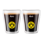 Set of 2 double-walled BVB coffee mugs from Melitta, featuring the Borussia Dortmund logo in black and yellow—perfect for fans.