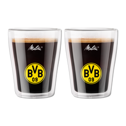 Set da 2 bicchieri da caffè BVB a doppia parete di Melitta, con il logo del Borussia Dortmund nei colori nero e giallo, ideali per i tifosi.