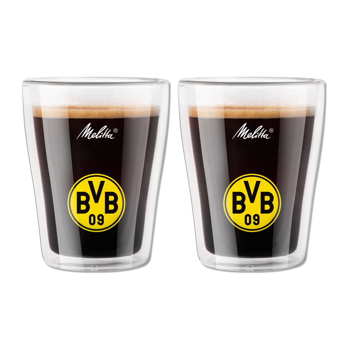 Doppelwandige BVB-Kaffee-Gläser im 2er-Set von Melitta, mit Borussia Dortmund Logo in schwarzgelb, ideal für Fans.