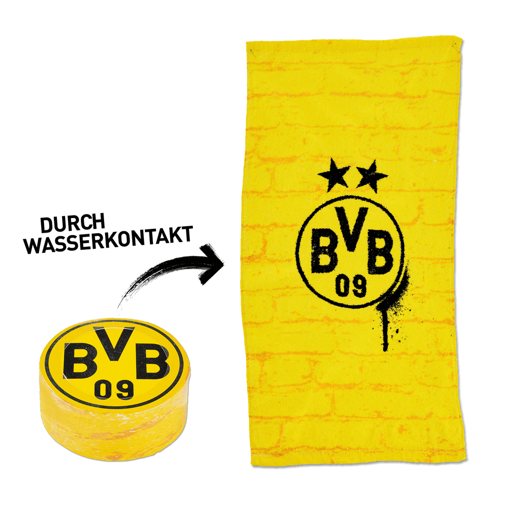 这款黄色多特蒙德（BVB）魔法毛巾印有BVB 09标志和两颗星，图片中展示了其包装状态和展开状态，是多特蒙德球迷的理想周边商品或礼物。