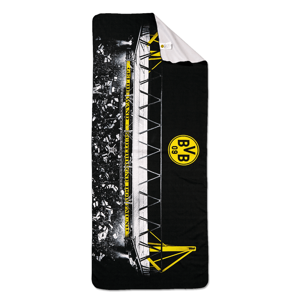 Serviette en microfibre noir et jaune du BVB, ornée d'un motif « SIGNAL IDUNA PARK » et d'un grand emblème du BVB, idéale pour le quotidien ou le sport.