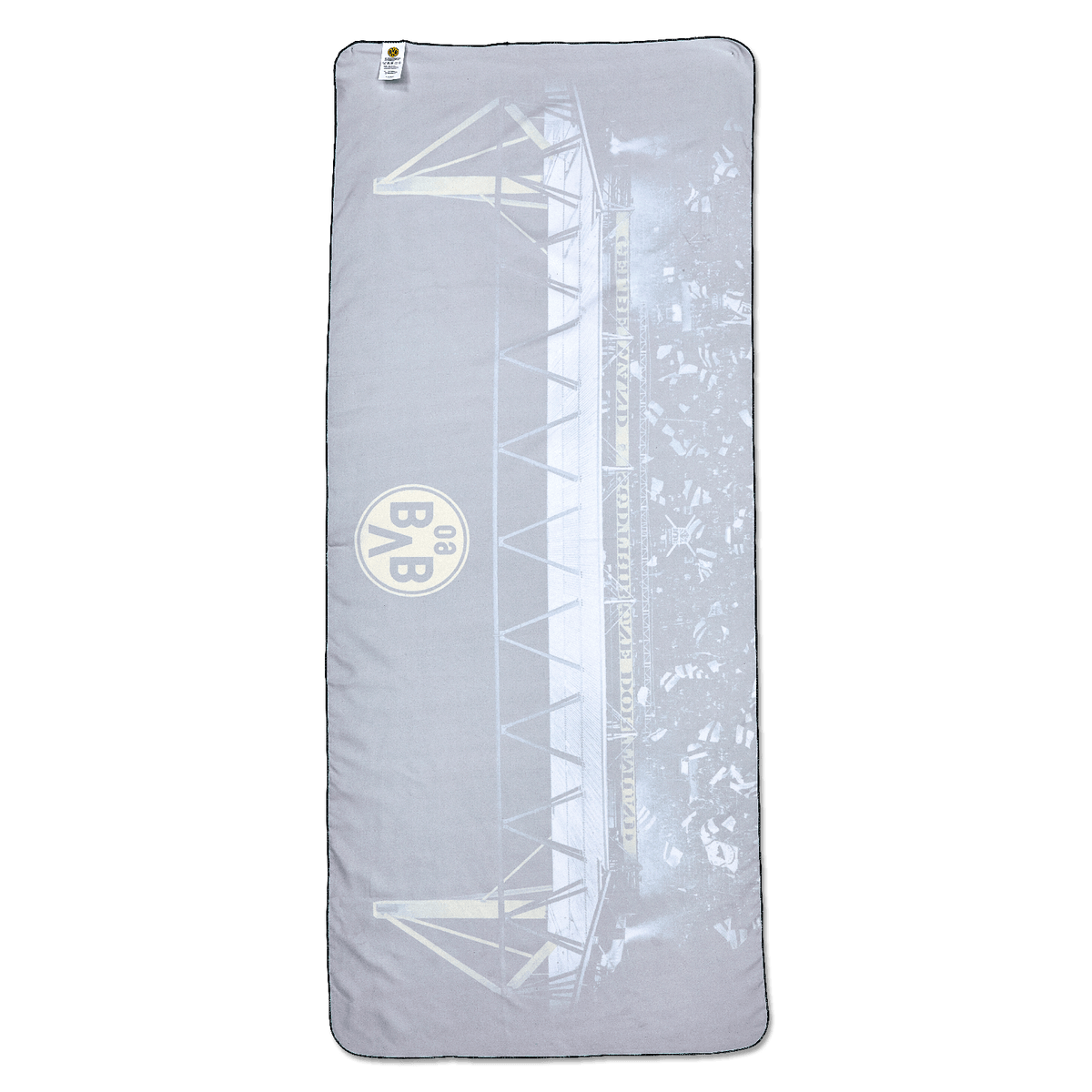 Serviette en microfibre grise du BVB, ornée d'une illustration du SIGNAL IDUNA PARK et de l'emblème du BVB, idéale pour les supporters du Borussia Dortmund.