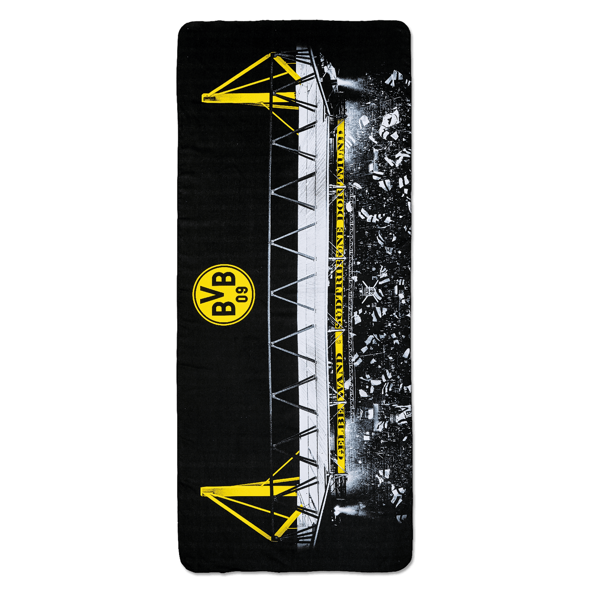 Serviette en microfibre noir et jaune du BVB, ornée d'un motif détaillé du SIGNAL IDUNA PARK et d'un grand logo BVB 09, idéale pour les supporters du Borussia Dortmund.