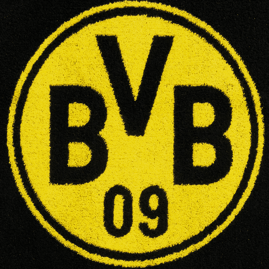 Asciugamano del BVB nero e giallo con grande stemma del BVB al centro, ideale come gadget per i tifosi o come regalo, dimensioni 50x100 cm.