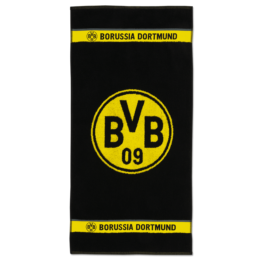 Asciugamano nero con un grande stemma giallo del BVB, circondato da due strisce gialle con la scritta “Borussia Dortmund”, dimensioni 50x100 cm.