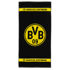 Asciugamano nero con un grande stemma giallo del BVB, circondato da due strisce gialle con la scritta “Borussia Dortmund”, dimensioni 50x100 cm.