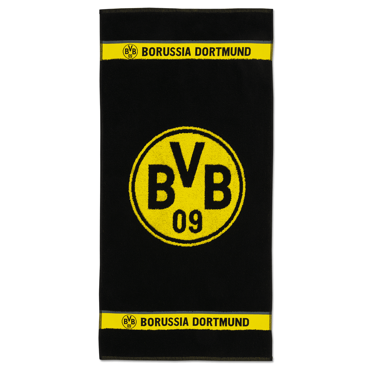 Serviette noire ornée d'un grand écusson jaune du BVB, entouré de deux bandes jaunes portant l'inscription « Borussia Dortmund », dimensions : 50 x 100 cm.