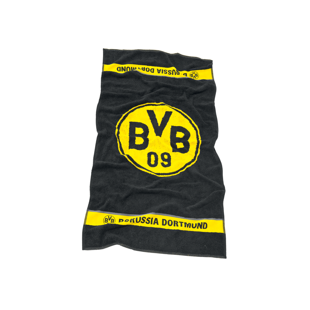 Asciugamano del BVB nero e giallo con un grande stemma del BVB al centro e la scritta “Borussia Dortmund” su una striscia gialla alle due estremità, dimensioni 50x100 cm.