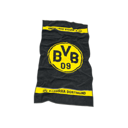 Serviette noir et jaune du BVB, avec un grand emblème du BVB au centre et l'inscription « Borussia Dortmund » sur une bande jaune à chaque extrémité, dimensions : 50 x 100 cm.