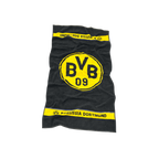 Serviette noir et jaune du BVB, avec un grand emblème du BVB au centre et l'inscription « Borussia Dortmund » sur une bande jaune à chaque extrémité, dimensions : 50 x 100 cm.