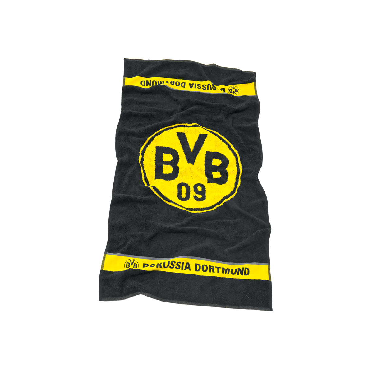 Serviette noir et jaune du BVB, avec un grand emblème du BVB au centre et l'inscription « Borussia Dortmund » sur une bande jaune à chaque extrémité, dimensions : 50 x 100 cm.