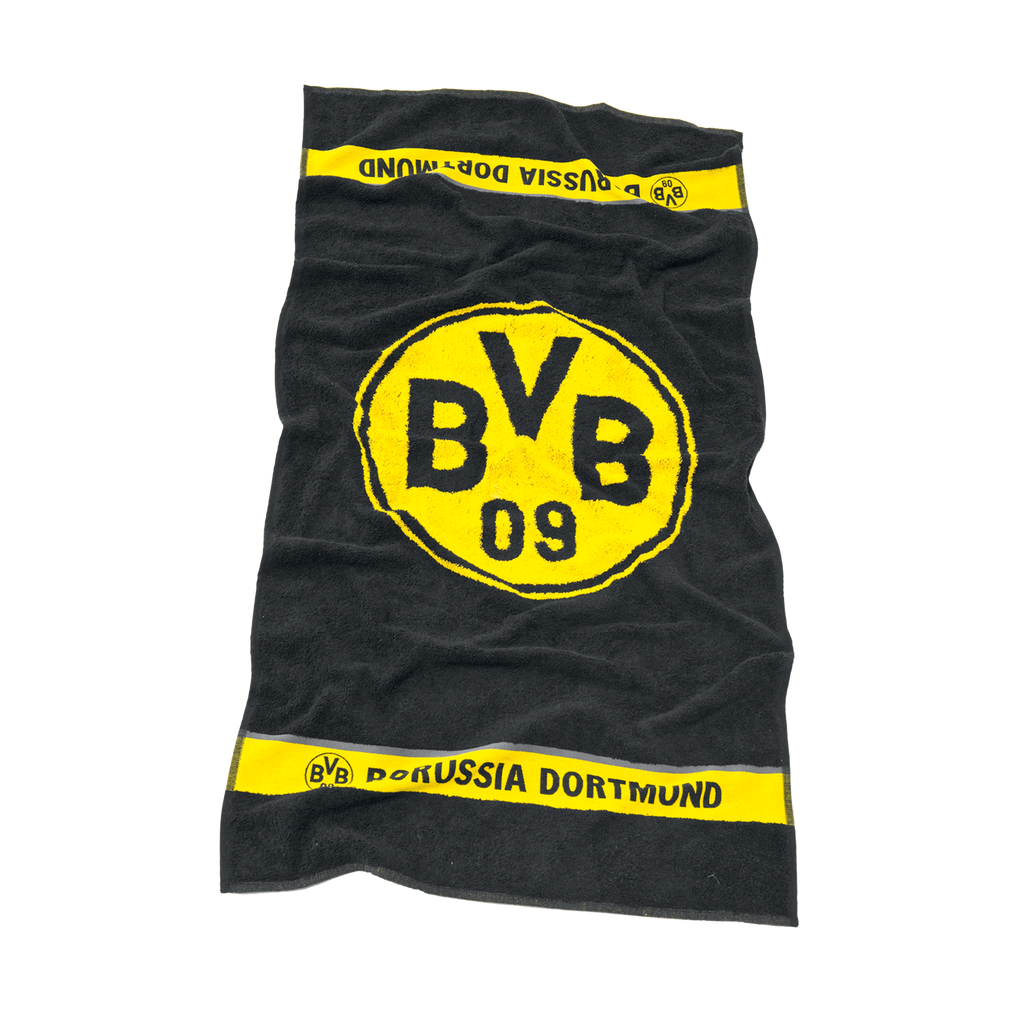 Serviette de douche noir et jaune du BVB, ornée d'un grand logo du club et de l'inscription « Borussia Dortmund », idéale pour les supporters du club.