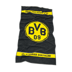 Serviette de douche noir et jaune du BVB, ornée d'un grand logo du club et de l'inscription « Borussia Dortmund », idéale pour les supporters du club.