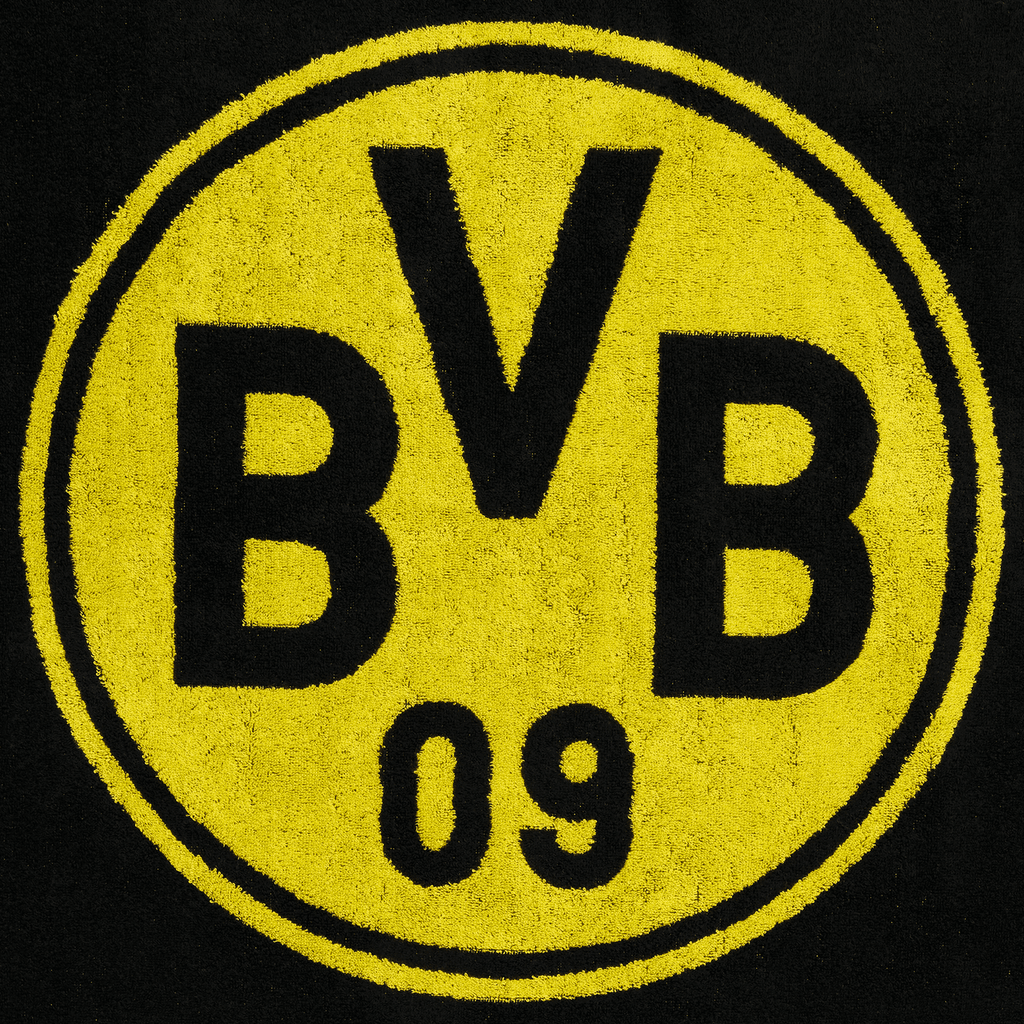 Black BVB bath towel with a yellow emblem and the inscription "BVB 09," size 100x150 cm, ideal for Borussia Dortmund fans.