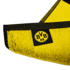 Black-and-yellow BVB bath towel with emblem and contrasting design, measuring 100x150 cm, ideal for Borussia Dortmund fans.