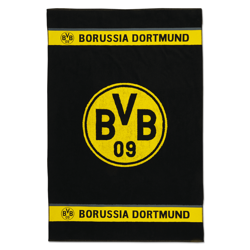BVB bath towel in black and yellow with a large BVB emblem in the center and "Borussia Dortmund" lettering; size 100x150 cm; ideal for fans of the club.