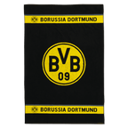 BVB bath towel in black and yellow with a large BVB emblem in the center and "Borussia Dortmund" lettering; size 100x150 cm; ideal for fans of the club.