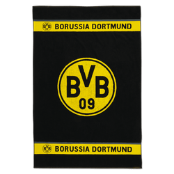 BVB-Badetuch in schwarzgelb mit großem BVB-Emblem in der Mitte sowie Borussia Dortmund-Schriftzug, Größe 100x150 cm, ideal für Fans des Vereins.