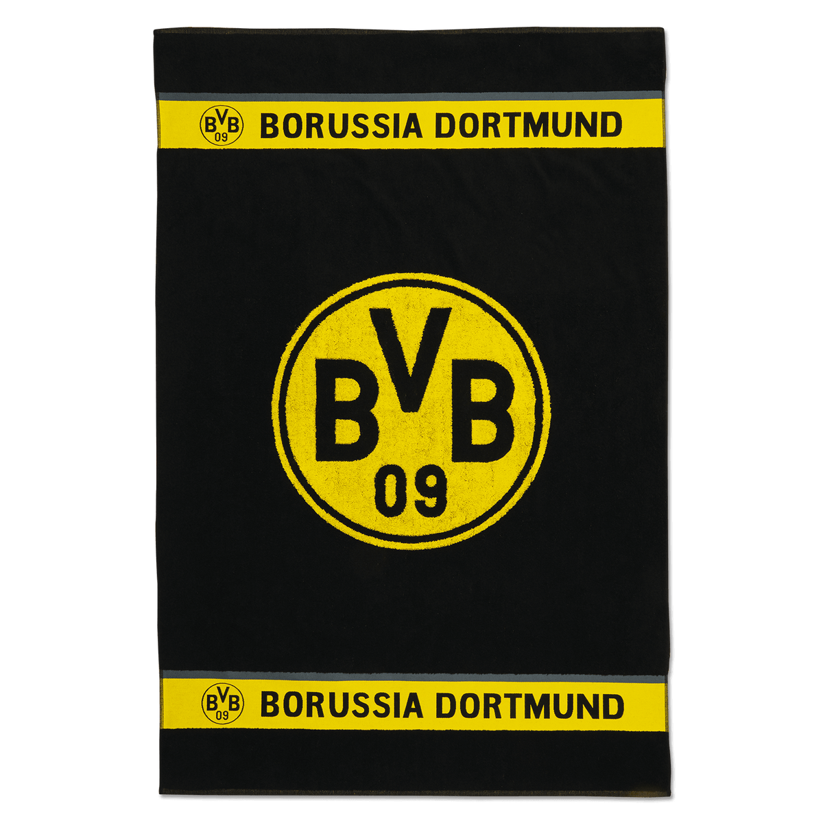 BVB bath towel in black and yellow with a large BVB emblem in the center and "Borussia Dortmund" lettering; size 100x150 cm; ideal for fans of the club.