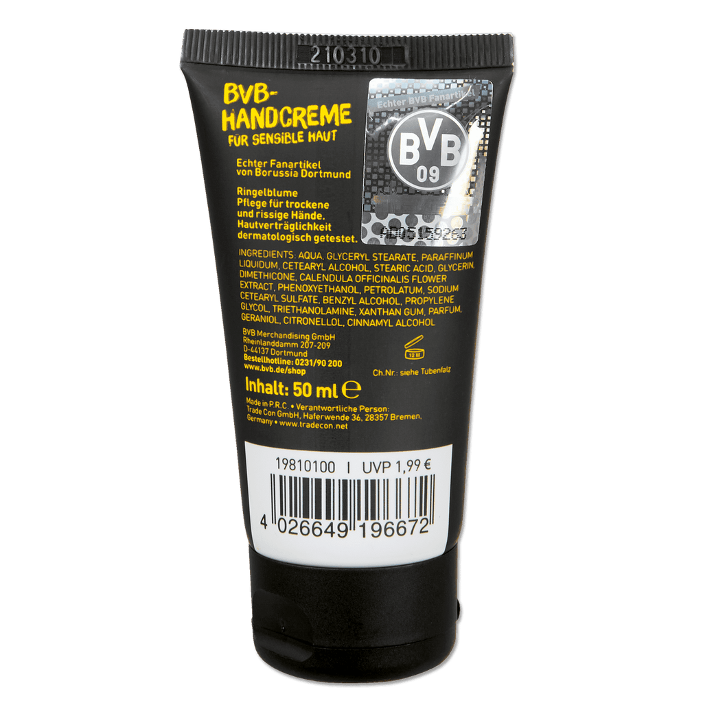 Crema per le mani BVB per pelli sensibili, contiene estratto di calendula, in un tubetto nero e giallo da 50 ml.