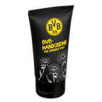 Crema mani nera del BVB per pelli sensibili, in un tubetto con il logo giallo del Borussia Dortmund e un motivo floreale stilizzato.