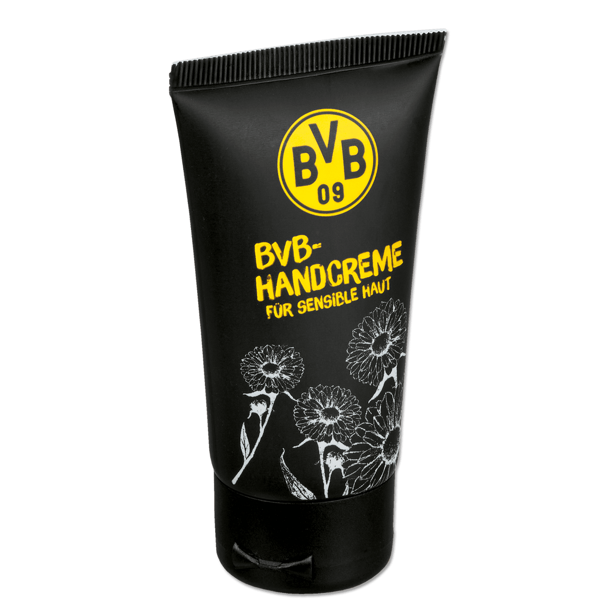 Crema mani nera del BVB per pelli sensibili, in un tubetto con il logo giallo del Borussia Dortmund e un motivo floreale stilizzato.