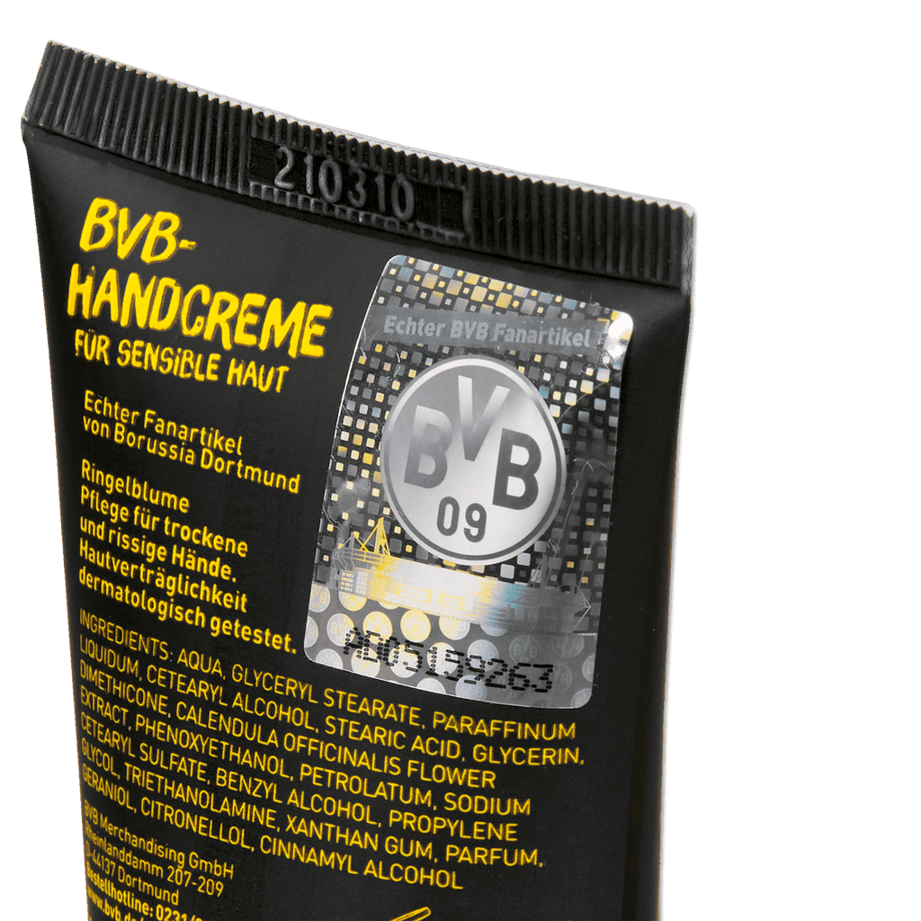 Crema per le mani Borussia Dortmund BVB per pelli sensibili, tubetto nero con dettagli gialli, dermatologicamente testata per mani secche e screpolate.