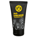 Crema per le mani del BVB con confezione nei colori nero e giallo, motivo floreale e la scritta "Per pelli sensibili".