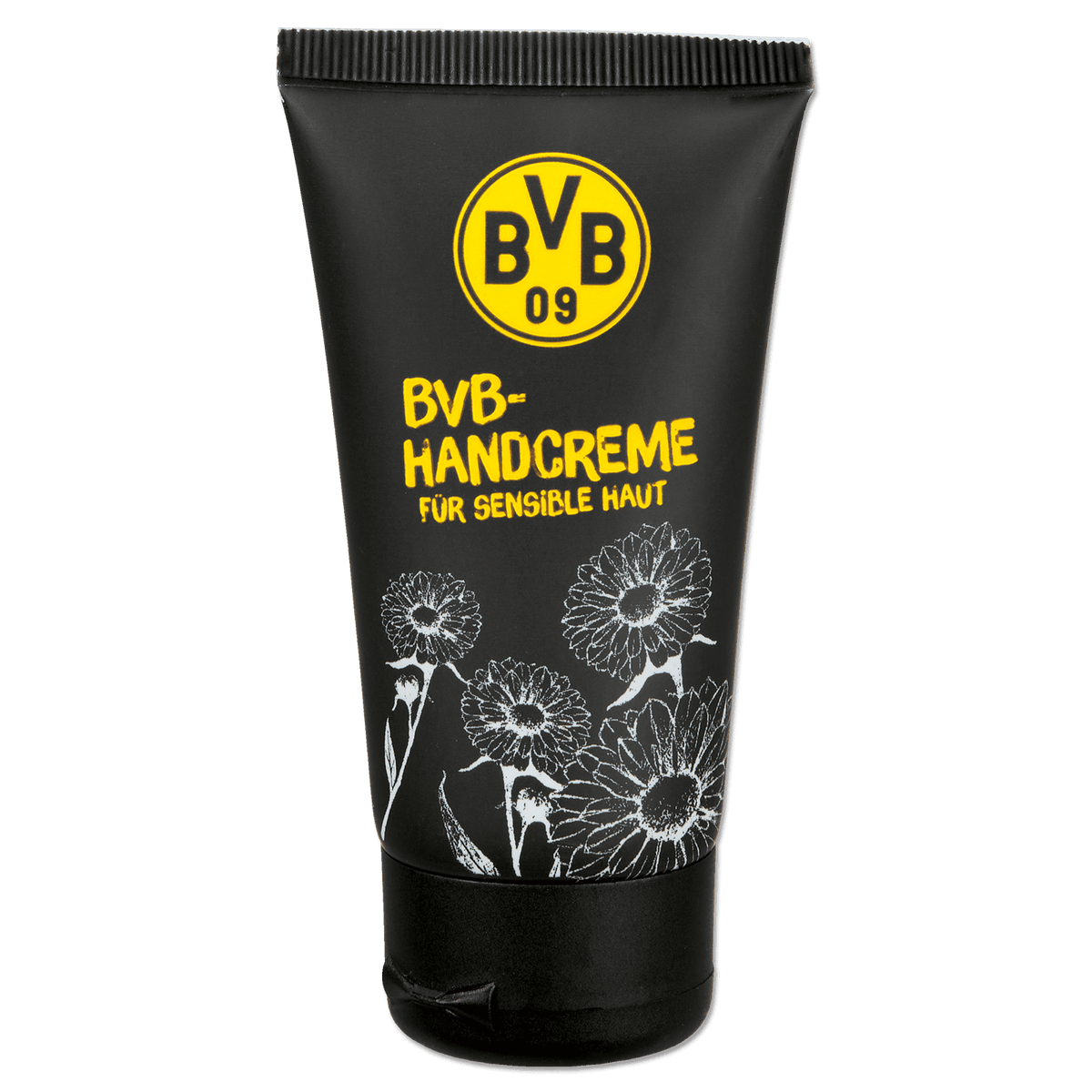 BVB-Handcreme mit schwarzgelber Verpackung, Blumenmotiv und der Aufschrift 'Für sensible Haut'.