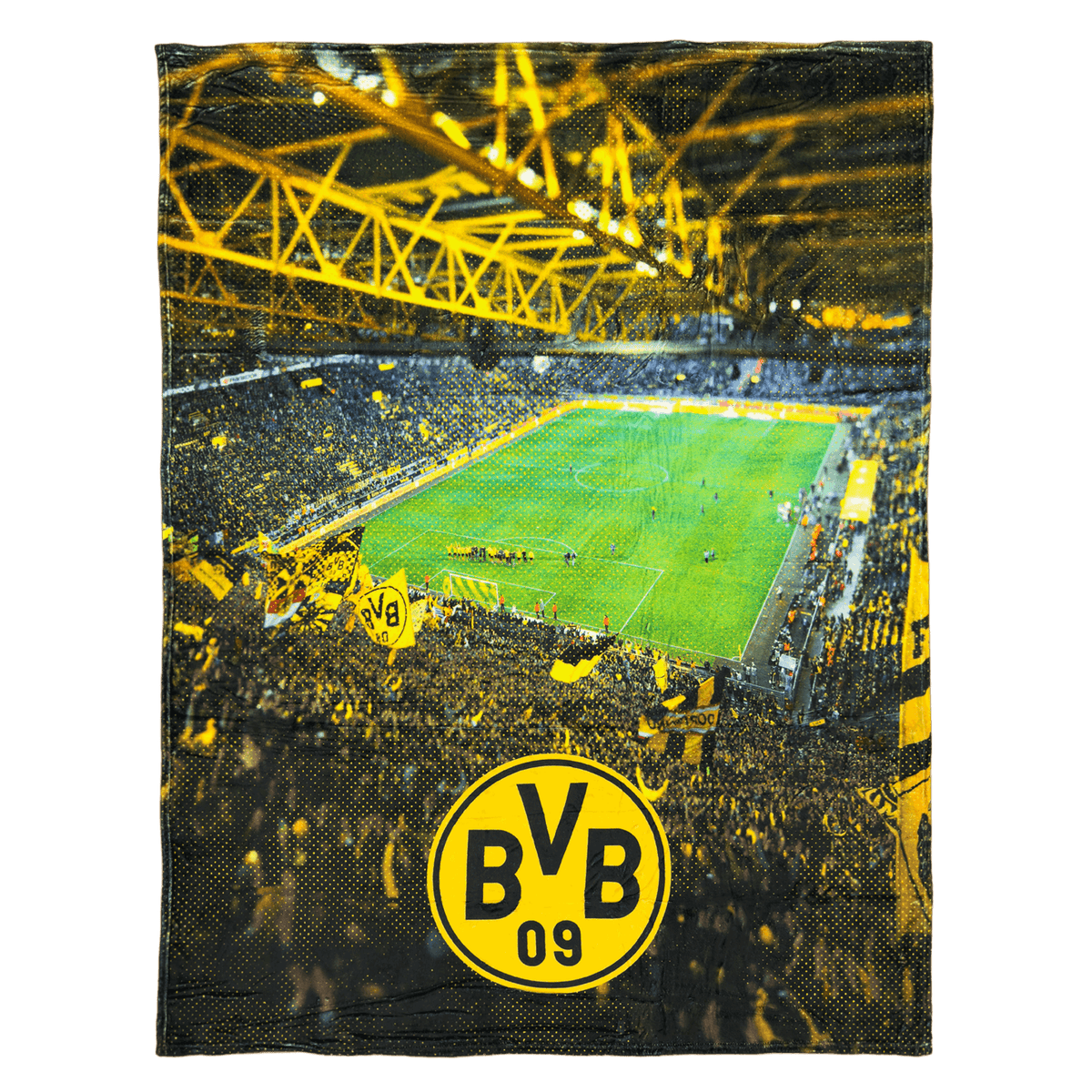 スタジアムのモチーフと大きなボルシア・ドルトムントのロゴが入った、黒と黄色のBVBフリースブランケット。スタジアムデザインで、ファンにぴったりのぬくぬくブランケットです。