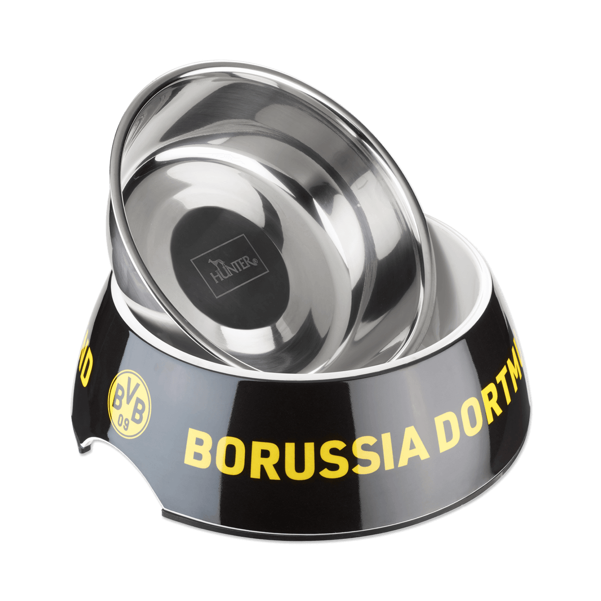 Schwarzer BVB-Hundenapf mit gelbem Borussia Dortmund Schriftzug, BVB-Logo und herausnehmbarer Edelstahlschüssel, Fassungsvermögen 160ml.