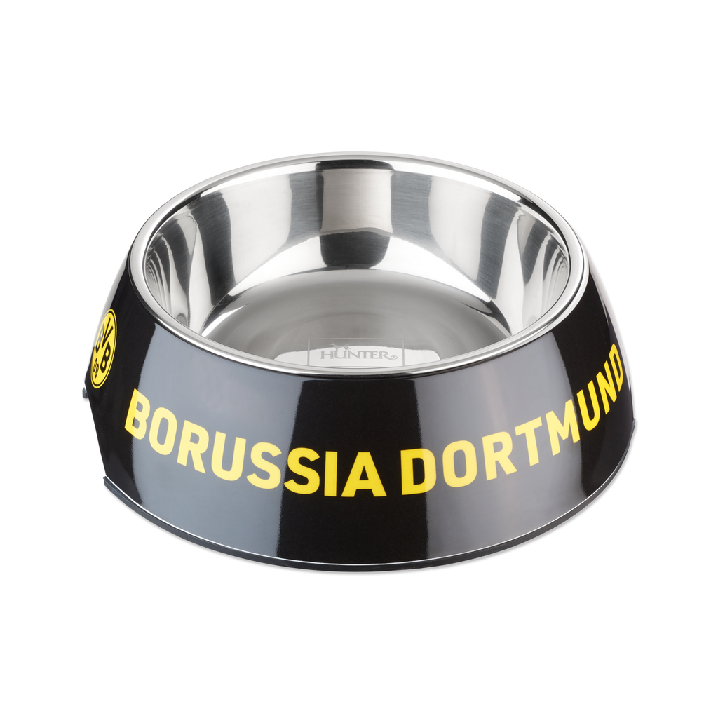 High-quality BVB stainless steel dog bowl featuring a black-and-yellow Borussia Dortmund design and the BVB logo, ideal for dogs, capacity 160 ml.
