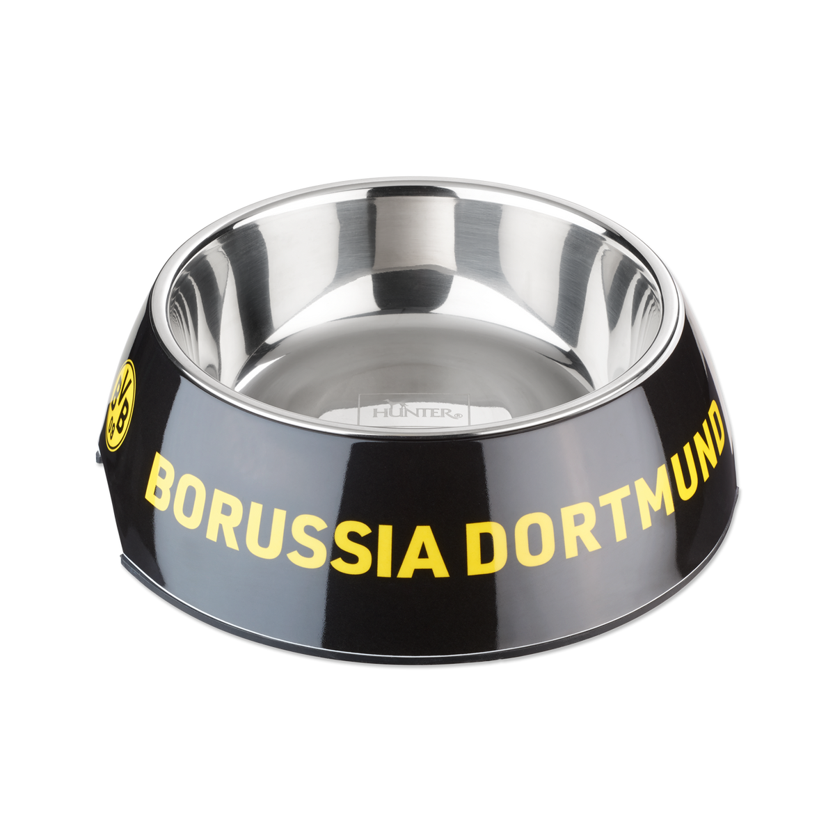 Hochwertiger BVB-Hundenapf aus Edelstahl mit schwarzgelbem Borussia Dortmund Design und BVB-Logo, ideal für Hunde, Fassungsvermögen 160ml.