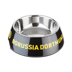 Black-and-yellow BVB dog bowl with a 160-ml capacity, made of stainless steel, featuring the Borussia Dortmund logo and lettering. Ideal as a fan item for animal lovers.