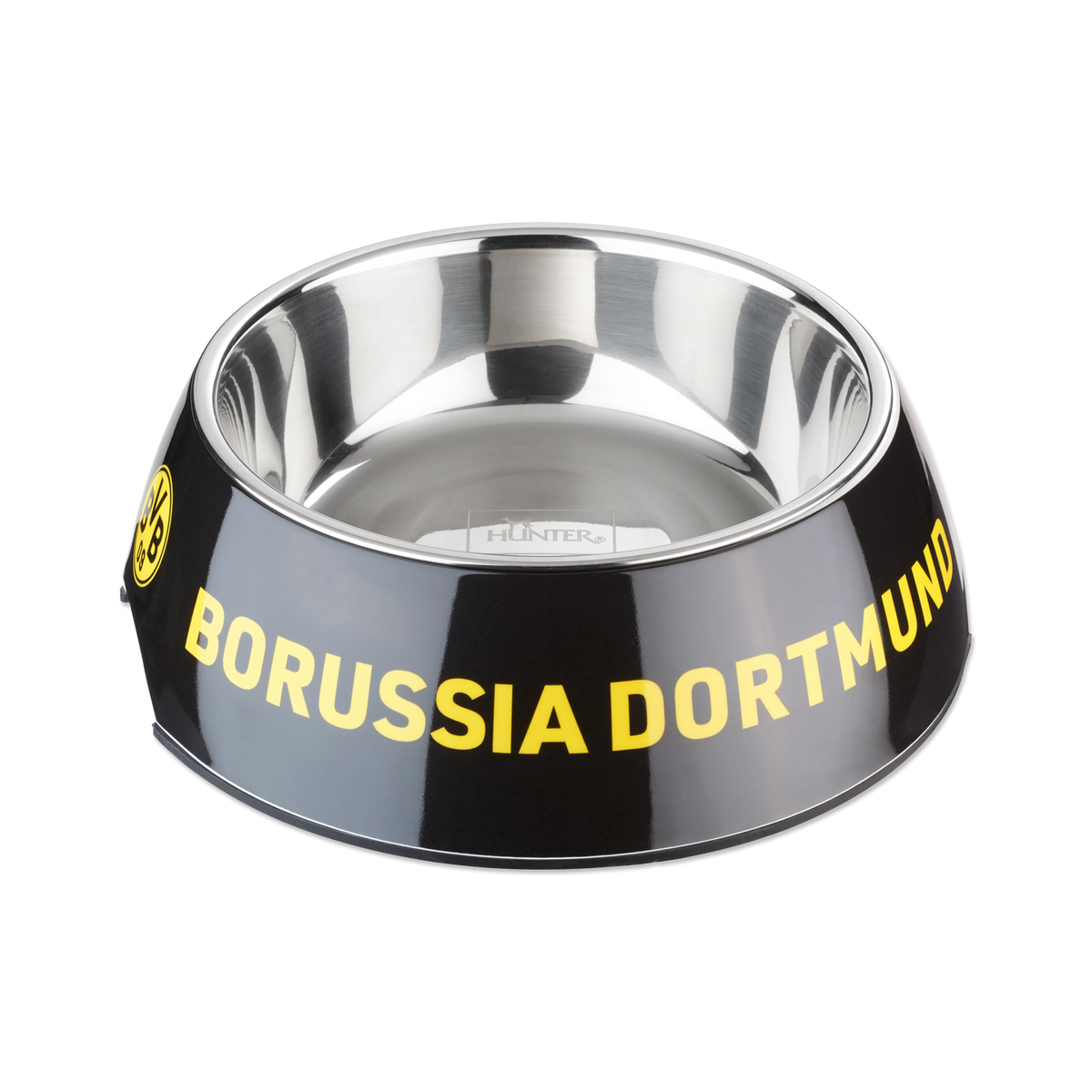 Ciotola per cani del BVB nei colori nero e giallo, con capacità di 160 ml, in acciaio inossidabile, con logo e scritta del Borussia Dortmund. Ideale come gadget per gli amanti degli animali.