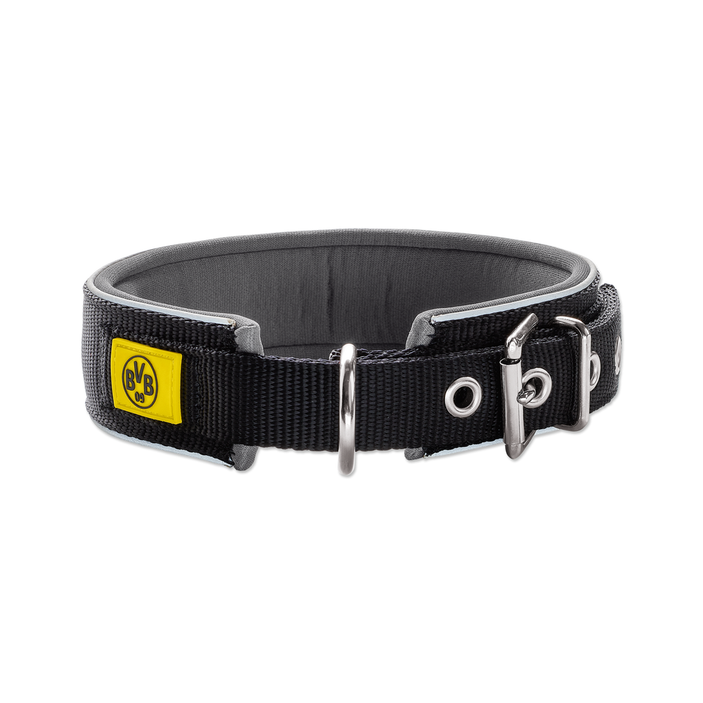 Collare per cani BVB di alta qualità in neoprene con elementi riflettenti, design nero e caratteristico logo BVB giallo, perfetto per gli amanti degli animali domestici che tifano per i "neri e gialli".