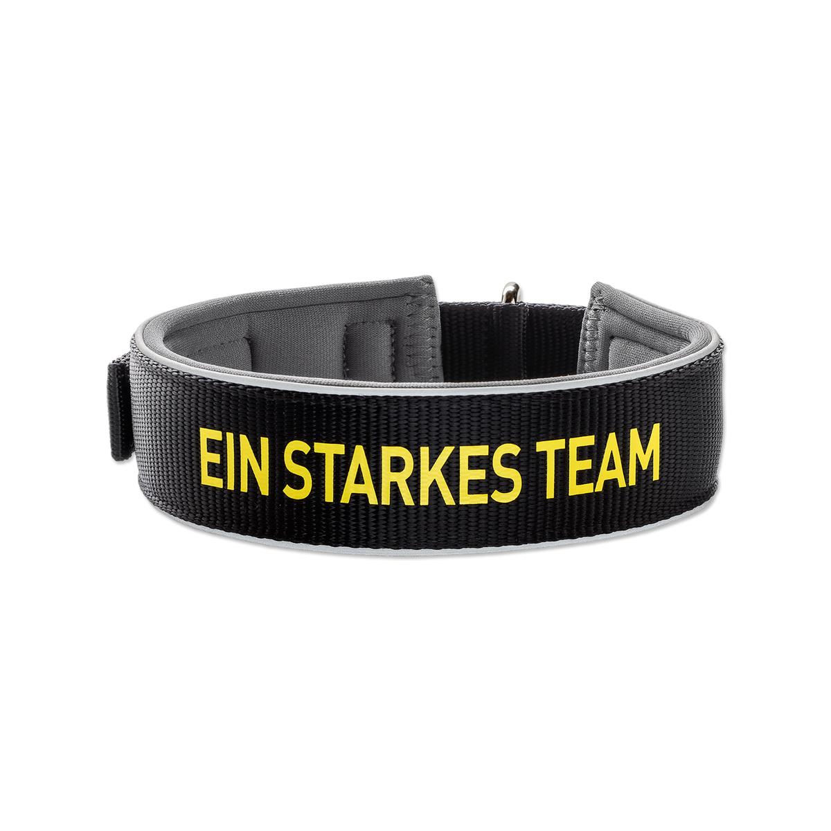 Schwarzgelbes BVB-Hunde-Halsband aus Neopren mit reflektierenden Elementen und der Aufschrift 'Ein starkes Team'.