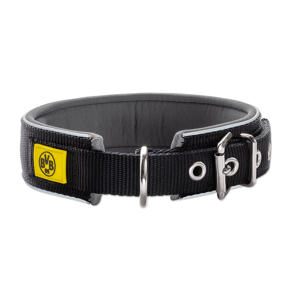 Collare per cani BVB nero e giallo in neoprene con elemento riflettente e robusti elementi metallici, adatto a cani di taglia medio-grande.