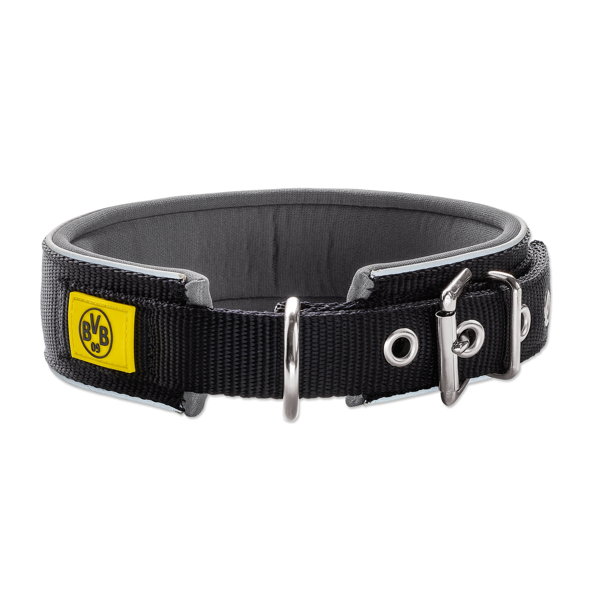 Collier pour chien BVB noir et jaune en néoprène, doté d'un élément réfléchissant et d'éléments métalliques robustes, adapté aux chiens de taille moyenne à grande.