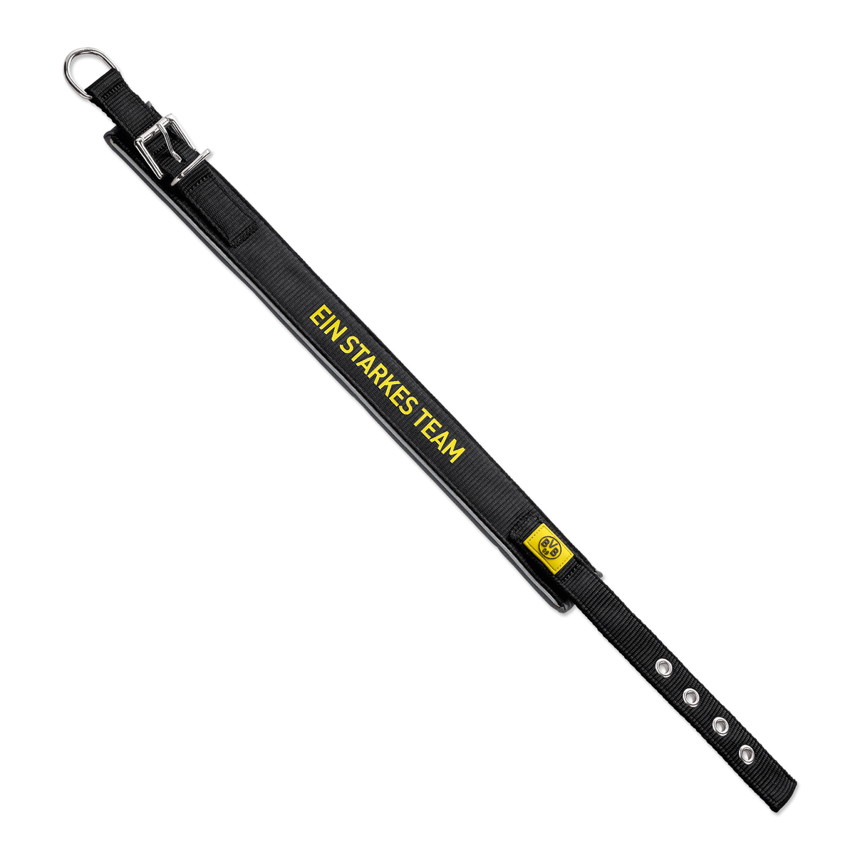 Collare nero per cani del BVB in neoprene con elemento riflettente e scritta gialla “Ein starkes Team”.