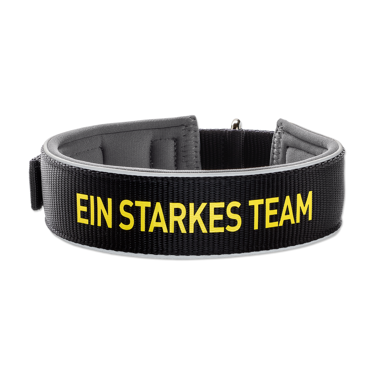 Hunde-Halsband aus Neopren mit Reflektor in schwarzgelb, bedruckt mit 'Ein starkes Team', ideal für Borussia Dortmund Fans.