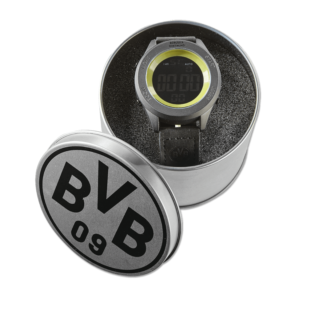 Black-and-yellow BVB digital watch with logo in an open, round metal case; fan merchandise for Borussia Dortmund supporters.