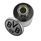 Black-and-yellow BVB digital watch with logo in an open, round metal case; fan merchandise for Borussia Dortmund supporters.